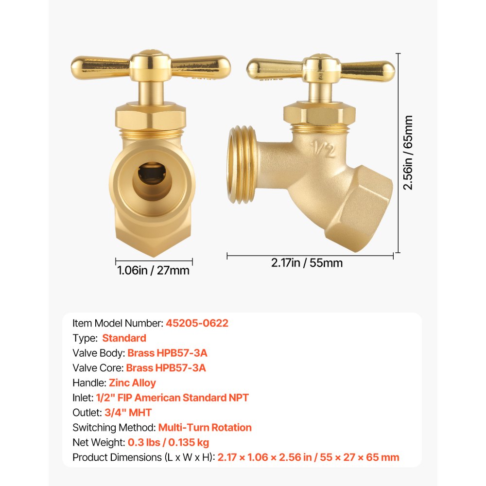 VEVOR Hose Bibb, 1/2" FIP x 3/4" MHT Connection, Multi-Turn Garden Valve, Heavy Duty Brass Hose Bib, Outdoor Water Faucet Spigot, Brass Plumbing Fitting, Compatible with Copper, Galvanized Pipes