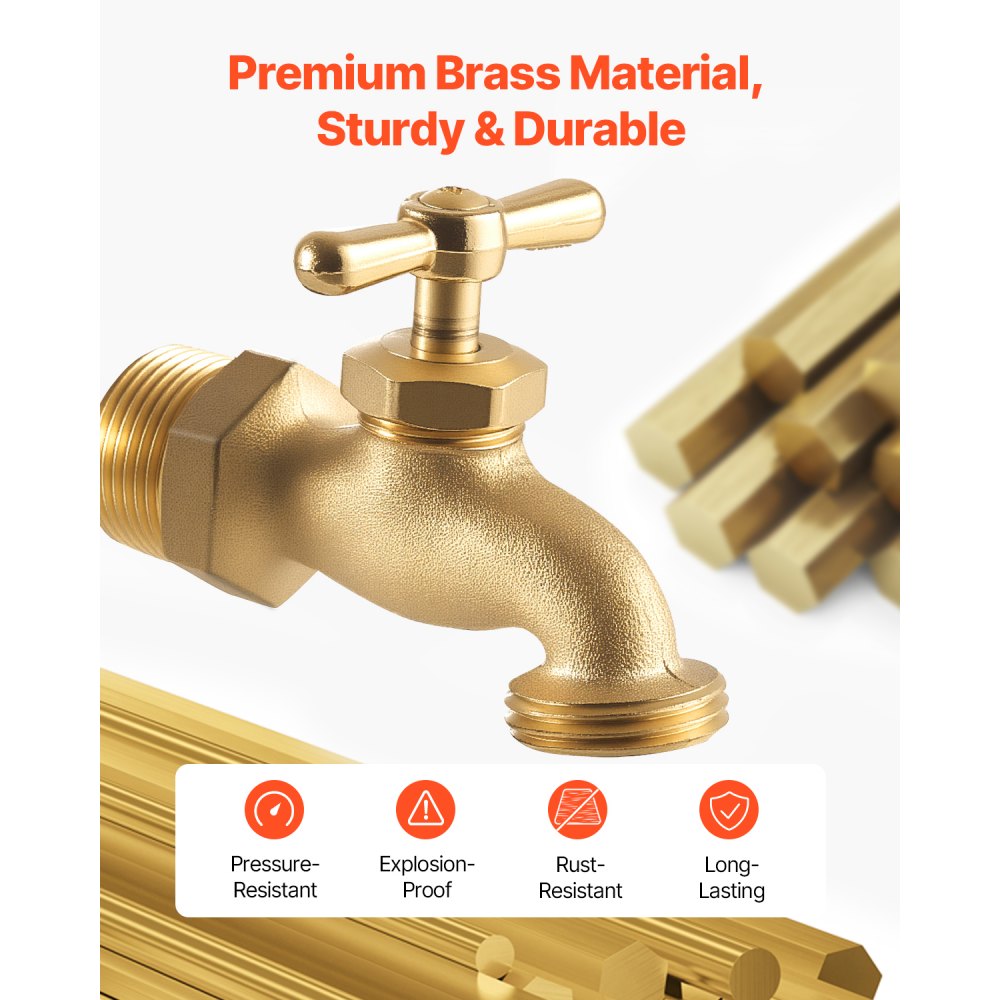 VEVOR Hose Bibb, 3/4" MIP x 3/4" MHT Connection, Multi-Turn Garden Valve, Heavy Duty Brass Hose Bib, Outdoor Water Faucet Spigot, Brass Plumbing Fitting, Compatible with Copper, Galvanized Pipes
