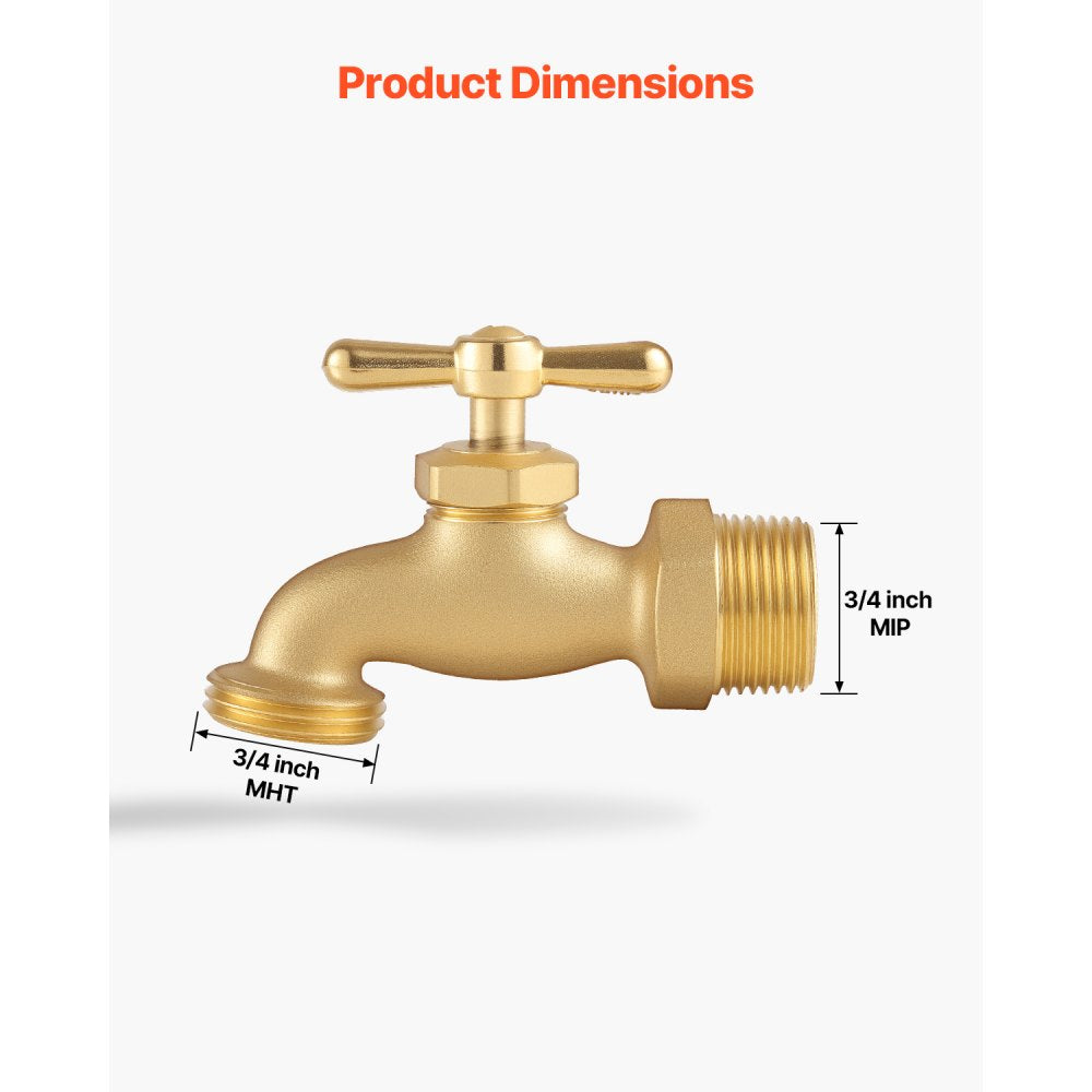 VEVOR Hose Bibb, 3/4" MIP x 3/4" MHT Connection, Multi-Turn Garden Valve, Heavy Duty Brass Hose Bib, Outdoor Water Faucet Spigot, Brass Plumbing Fitting, Compatible with Copper, Galvanized Pipes
