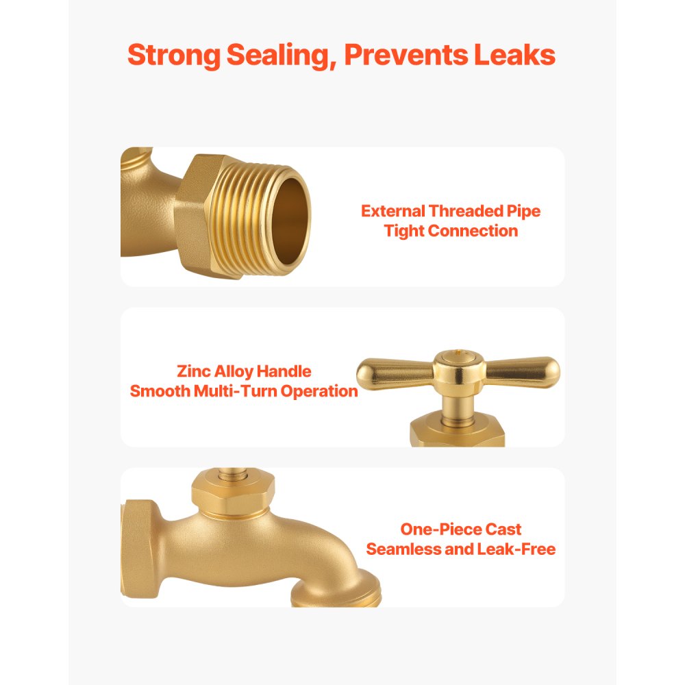 VEVOR Hose Bibb, 3/4" MIP x 3/4" MHT Connection, Multi-Turn Garden Valve, Heavy Duty Brass Hose Bib, Outdoor Water Faucet Spigot, Brass Plumbing Fitting, Compatible with Copper, Galvanized Pipes