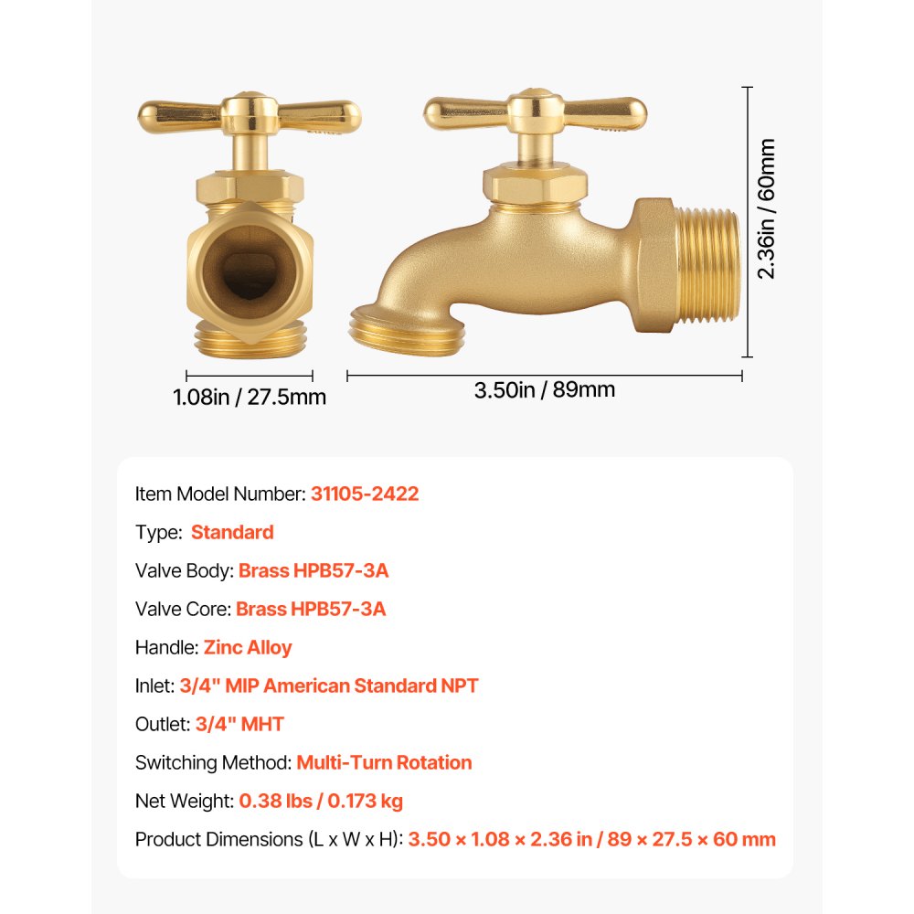 VEVOR Hose Bibb, 3/4" MIP x 3/4" MHT Connection, Multi-Turn Garden Valve, Heavy Duty Brass Hose Bib, Outdoor Water Faucet Spigot, Brass Plumbing Fitting, Compatible with Copper, Galvanized Pipes