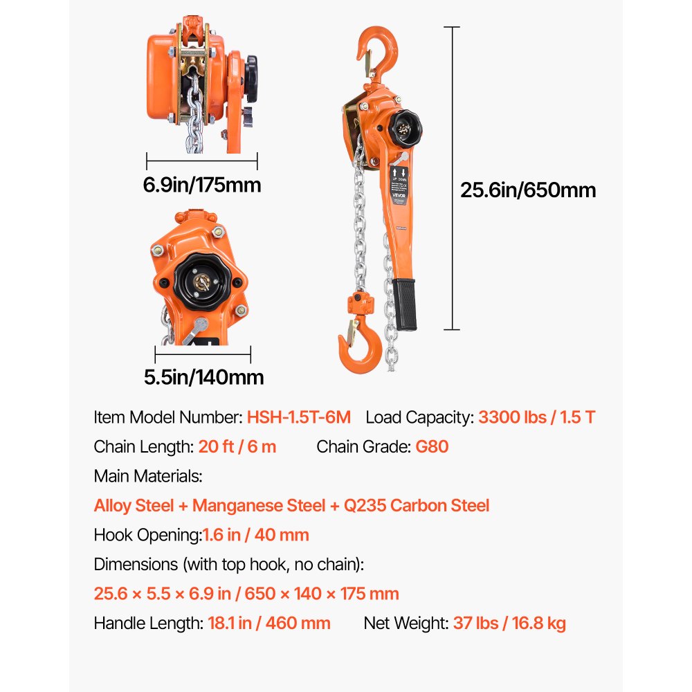 VEVOR Manual Lever Chain Hoist, 1-1/2T 3300LBS Capacity Heavy Duty Come Along, 20FT Lift G80 Alloy Steel Chain With Dual Pawl Mechanical Brake,360°Rotating Hooks, for Warehouse Construction Garage