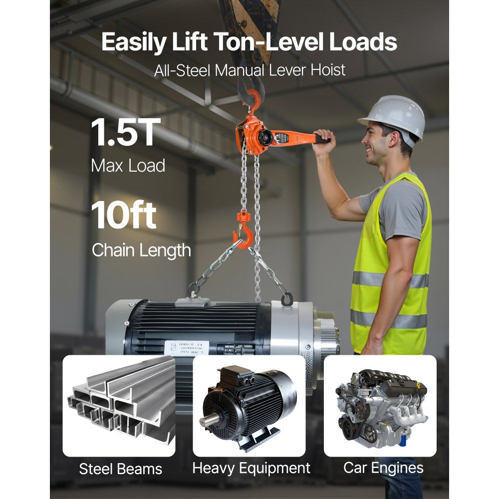 VEVOR Manual Lever Chain Hoist, 1-1/2T 3300LBS Capacity Heavy Duty Come Along, 10FT Lift G80 Alloy Steel Chain With Dual Pawl Mechanical Brake,360°Rotating Hooks, for Warehouse Construction Garage