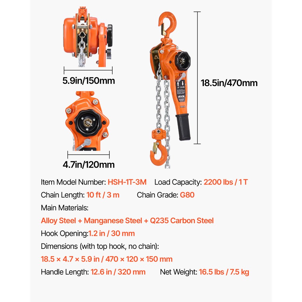 VEVOR Manual Lever Chain Hoist, 1T 2200LBS Capacity Heavy Duty Come Along, 10FT Lift G80 Alloy Steel Chain With Dual Pawl Mechanical Brake,360°Rotating Hooks, for Warehouse Construction Garage