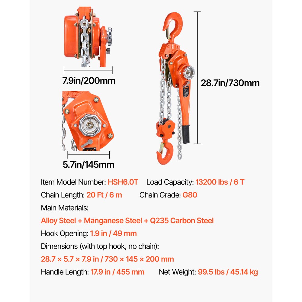 VEVOR Manual Lever Chain Hoist, 6T 13200LBS Capacity Heavy Duty Come Along, 20FT Lift G80 Alloy Steel Chain With Dual Pawl Mechanical Brake,360°Rotating Hooks, for Warehouse Construction Garage