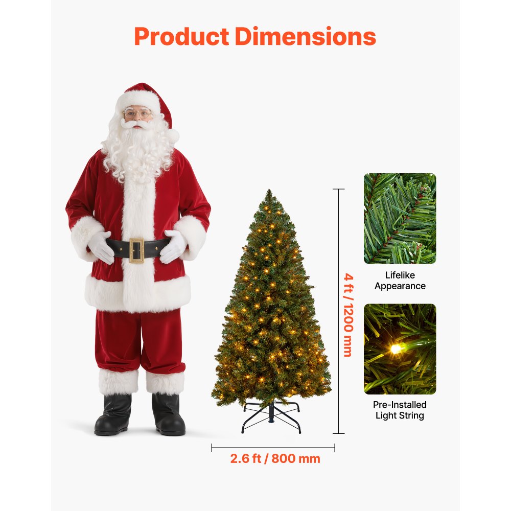 VEVOR Christmas Tree, 4ft Prelit Artificial Xmas Tree, Full Holiday Decor Trees with 120 Warm White LED Lights, 8 Lighting Modes, 539 Branch Tips & Sturdy Metal Base for Home Party Office Decoration