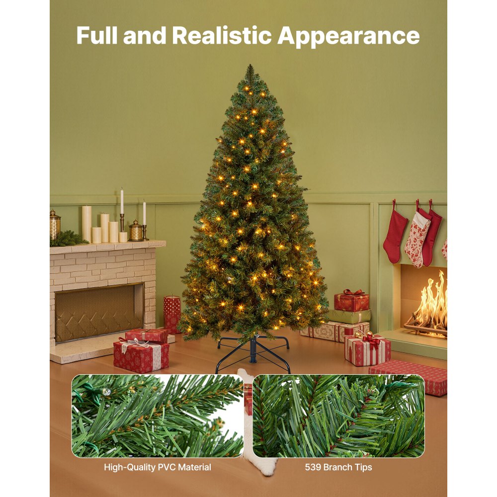 VEVOR Christmas Tree, 4ft Prelit Artificial Xmas Tree, Full Holiday Decor Trees with 120 Warm White LED Lights, 8 Lighting Modes, 539 Branch Tips & Sturdy Metal Base for Home Party Office Decoration