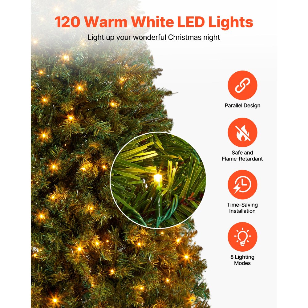 VEVOR Christmas Tree, 4ft Prelit Artificial Xmas Tree, Full Holiday Decor Trees with 120 Warm White LED Lights, 8 Lighting Modes, 539 Branch Tips & Sturdy Metal Base for Home Party Office Decoration