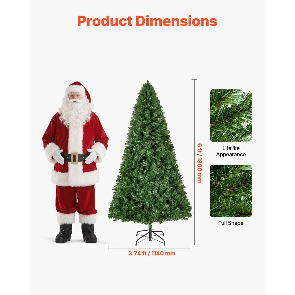 VEVOR Christmas Tree, 6ft Artificial Xmas Tree, Full Holiday Decor Trees with 1250 Branch Tips & Sturdy Metal Base for Home Party Office Decoration
