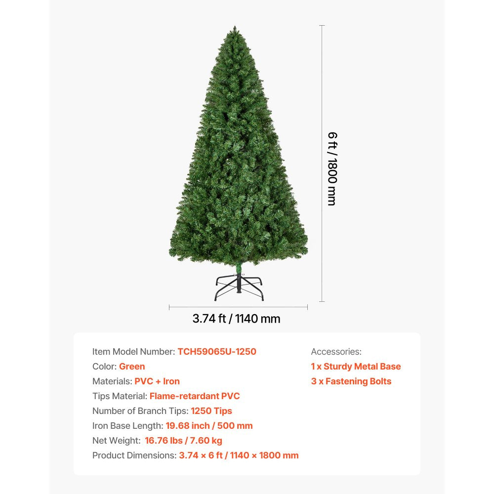 VEVOR Christmas Tree, 6ft Artificial Xmas Tree, Full Holiday Decor Trees with 1250 Branch Tips & Sturdy Metal Base for Home Party Office Decoration