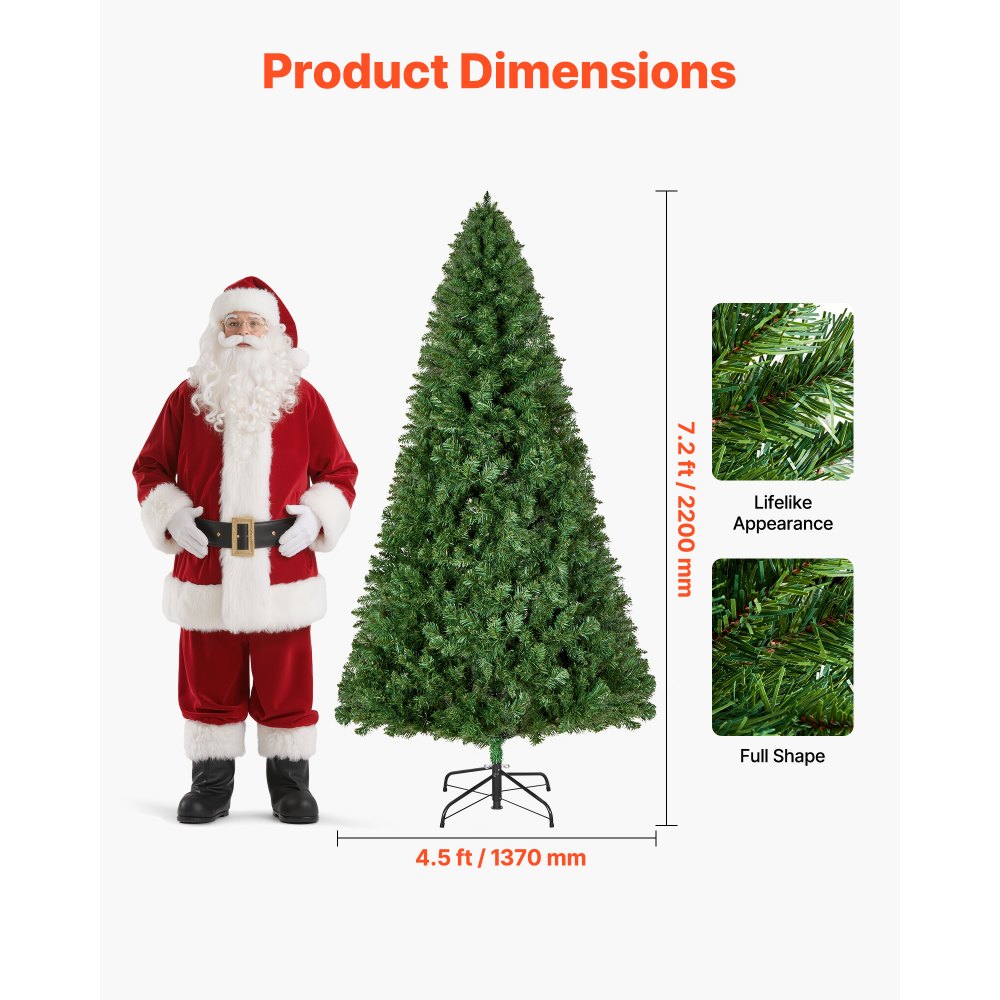 VEVOR Christmas Tree, 7.2ft Artificial Xmas Tree, Full Holiday Decor Trees with 1346 Branch Tips & Sturdy Metal Base for Home Party Office Decoration