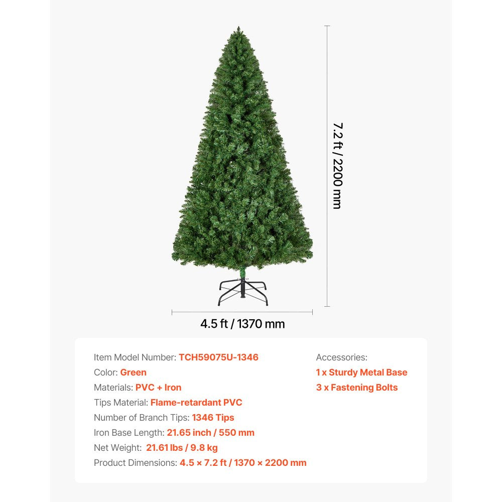 VEVOR Christmas Tree, 7.2ft Artificial Xmas Tree, Full Holiday Decor Trees with 1346 Branch Tips & Sturdy Metal Base for Home Party Office Decoration