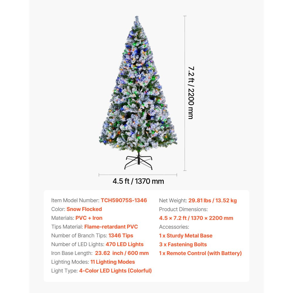 VEVOR Christmas Tree, 7.2ft Prelit Flocked Artificial Tree, Full Holiday Xmas Deco Trees with 470 Colorful LED Lights, 11 Lighting Modes & 1346 Branch Tips for Home Party Office Decoration