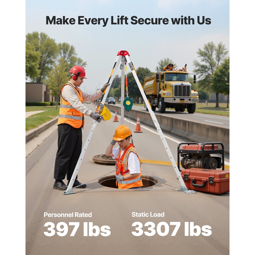 VEVOR Confined Space Tripod Kit, Heavy Duty Rescue Tripod Lifting Hoist 1200 lbs Winch, 4.1 ft Adjustable Legs, 65 ft Cable Portable Kit, 32.8 ft Fall Protection, 4.40-7.05 ft Working Height