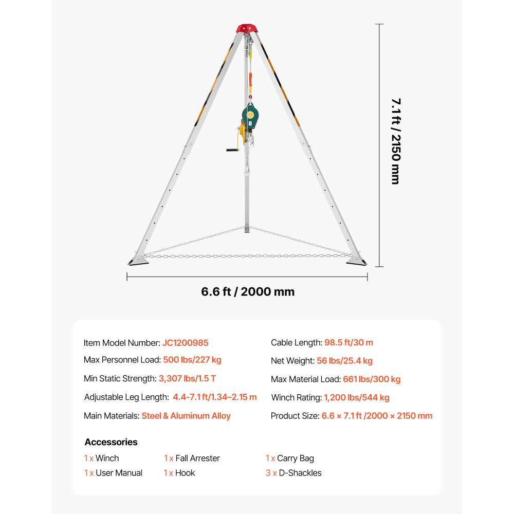 VEVOR Confined Space Tripod Kit, Heavy Duty Rescue Tripod Lifting Hoist 1200 lbs Winch, 4.1 ft Adjustable Legs, 98.5 ft Cable Portable Kit, 32.8 ft Fall Protection, 4.40-7.05 ft Working Height