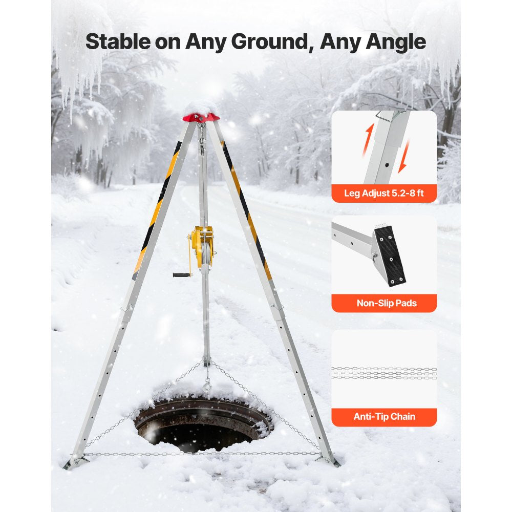 VEVOR Confined Space Tripod Kit, Heavy Duty Rescue Tripod Lifting Hoist 2600 lbs Winch, 4.76 ft Adjustable Legs, 98.5 ft Cable Portable Kit, 32.8 ft Fall Protection, 5.25-8.04 ft Working Height