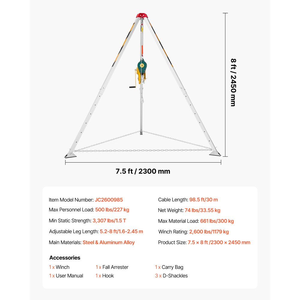 VEVOR Confined Space Tripod Kit, Heavy Duty Rescue Tripod Lifting Hoist 2600 lbs Winch, 4.76 ft Adjustable Legs, 98.5 ft Cable Portable Kit, 32.8 ft Fall Protection, 5.25-8.04 ft Working Height