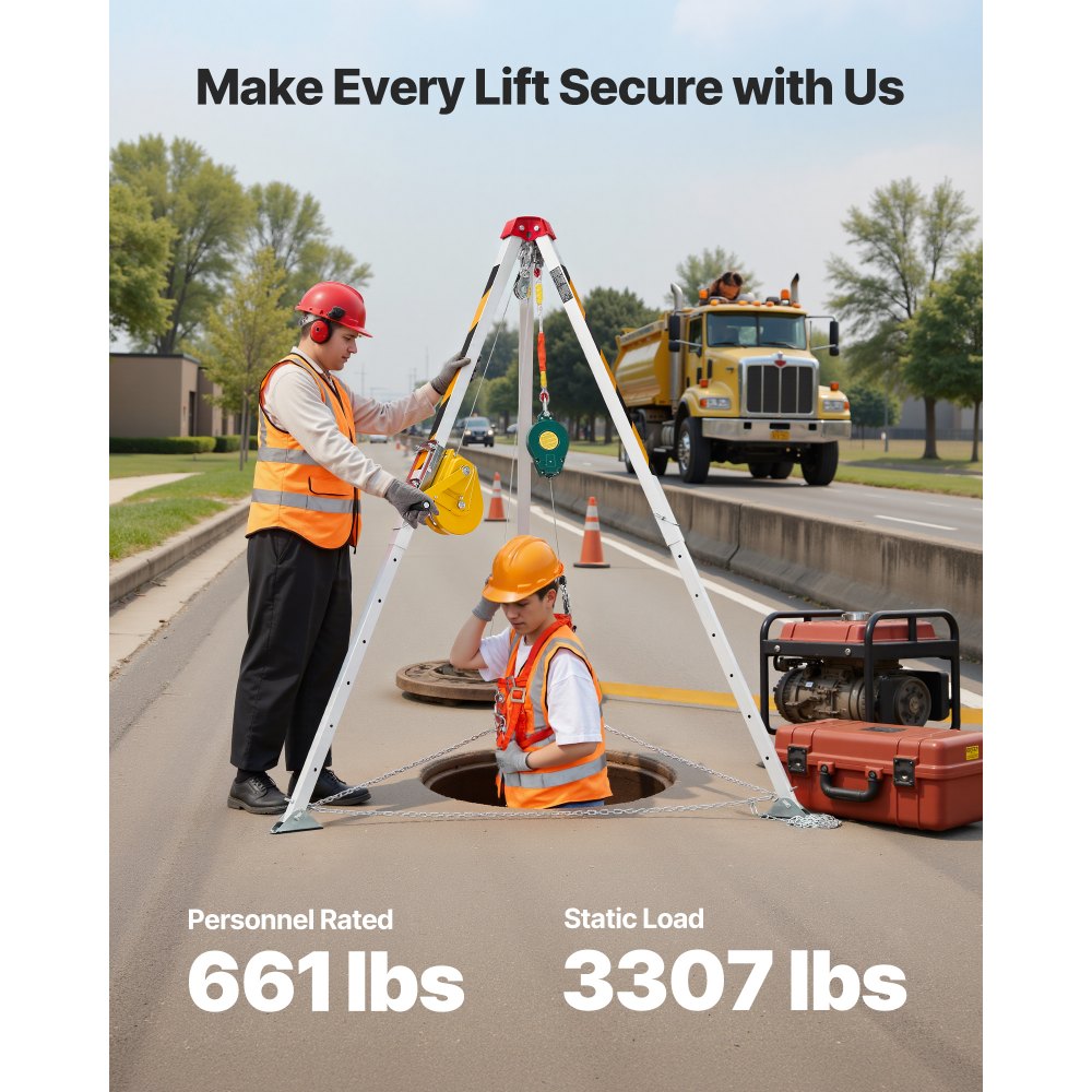 VEVOR Confined Space Tripod Kit, Heavy Duty Rescue Tripod Lifting Hoist 1800 lbs Winch, 4.1 ft Adjustable Legs, 65 ft Cable Portable Kit, 32.8 ft Fall Protection, 4.40-7.05 ft Working Height