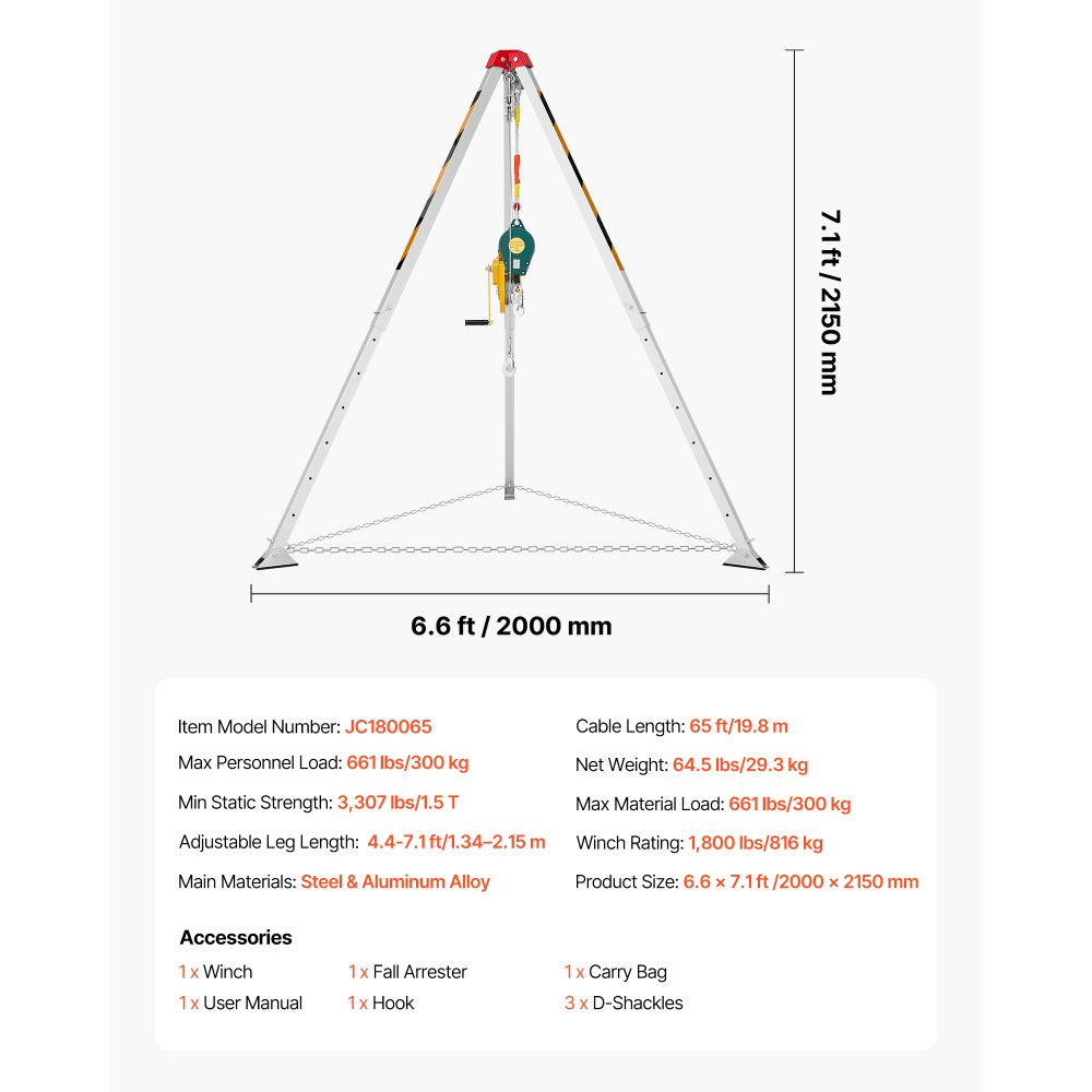 VEVOR Confined Space Tripod Kit, Heavy Duty Rescue Tripod Lifting Hoist 1800 lbs Winch, 4.1 ft Adjustable Legs, 65 ft Cable Portable Kit, 32.8 ft Fall Protection, 4.40-7.05 ft Working Height