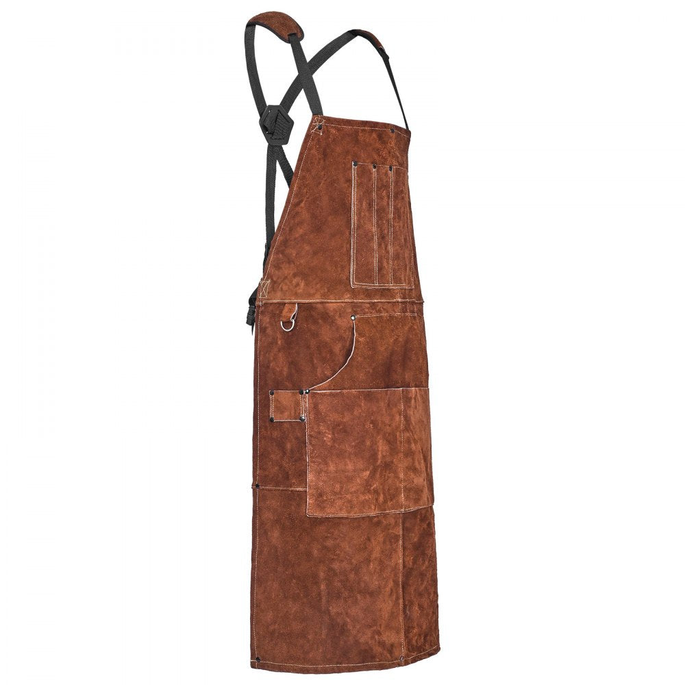 VEVOR Leather Welding Work Apron, Heavy Duty Cowhide Flame Resistant Welding Apron, Heat-Resistant Blacksmith Welder Aprons with 6 Tool Pockets for Woodworking, Gardening, BBQ