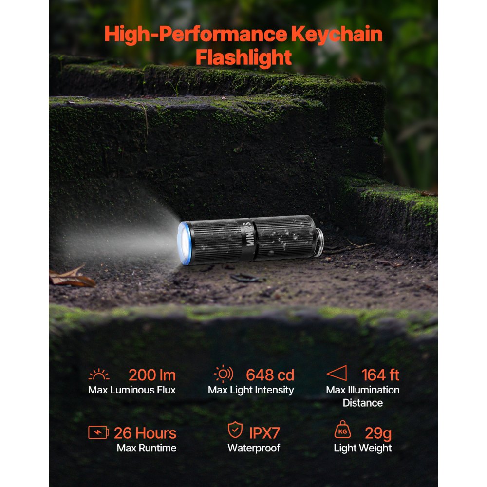 VEVOR Keychain Flashlight, Rechargeable Mini LED Flashlight, 200 High Lumens Pocket-Sized Flashlight with 2 Lighting Modes, IPX7 Waterproof Portable Flashlight for Everyday Carry, Camping, Emergencies