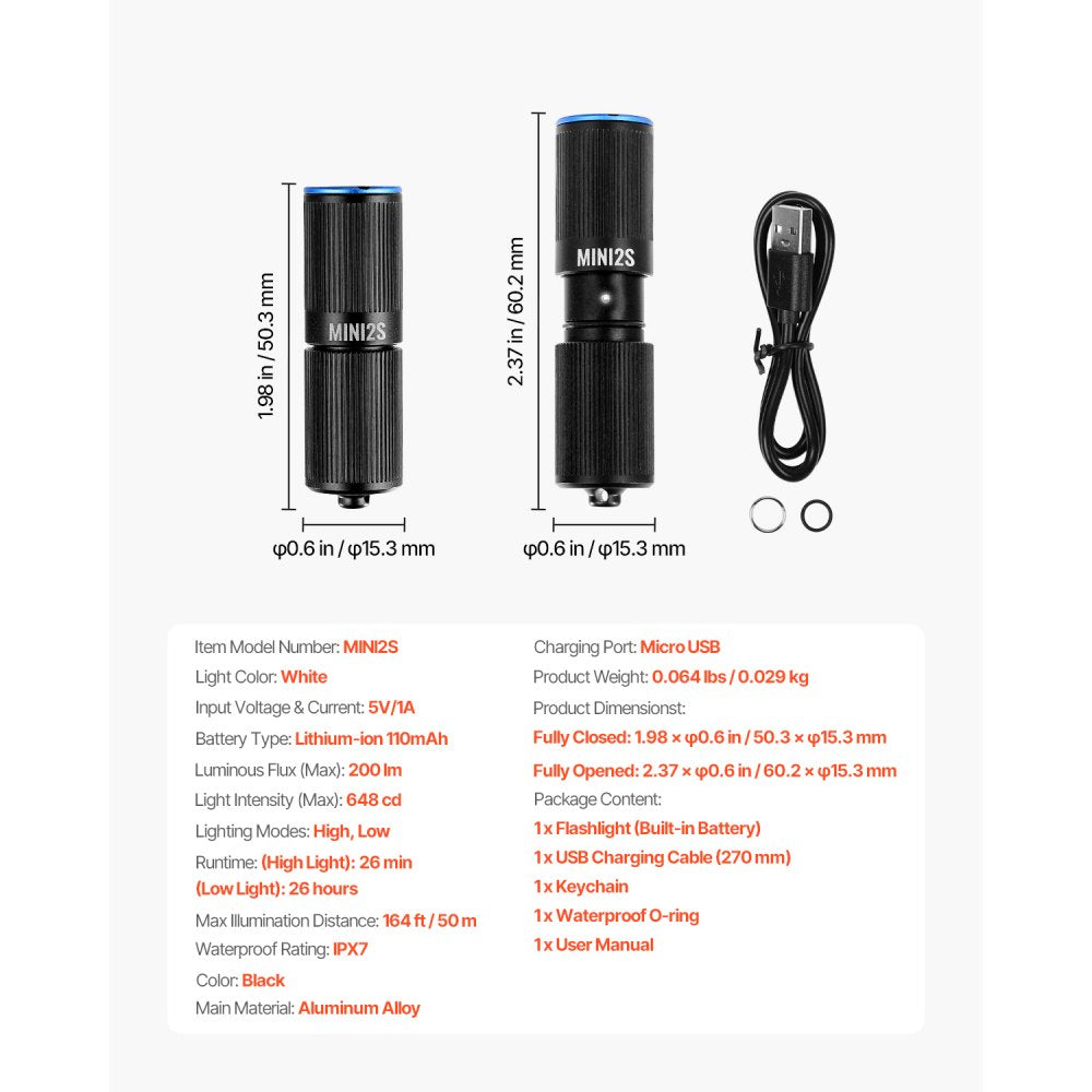 VEVOR Keychain Flashlight, Rechargeable Mini LED Flashlight, 200 High Lumens Pocket-Sized Flashlight with 2 Lighting Modes, IPX7 Waterproof Portable Flashlight for Everyday Carry, Camping, Emergencies