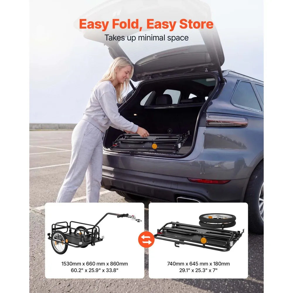 VEVOR Bike Cargo Trailer 88 lbs Load 2-in-1 Pushcart Folding Bicycle Wagon, Heavy-Duty Cart with 16-Inch Wheels, Reflectors, Carbon Steel Frame, Foldable Compact Storage, Fits 22-28 in Bike Wheels