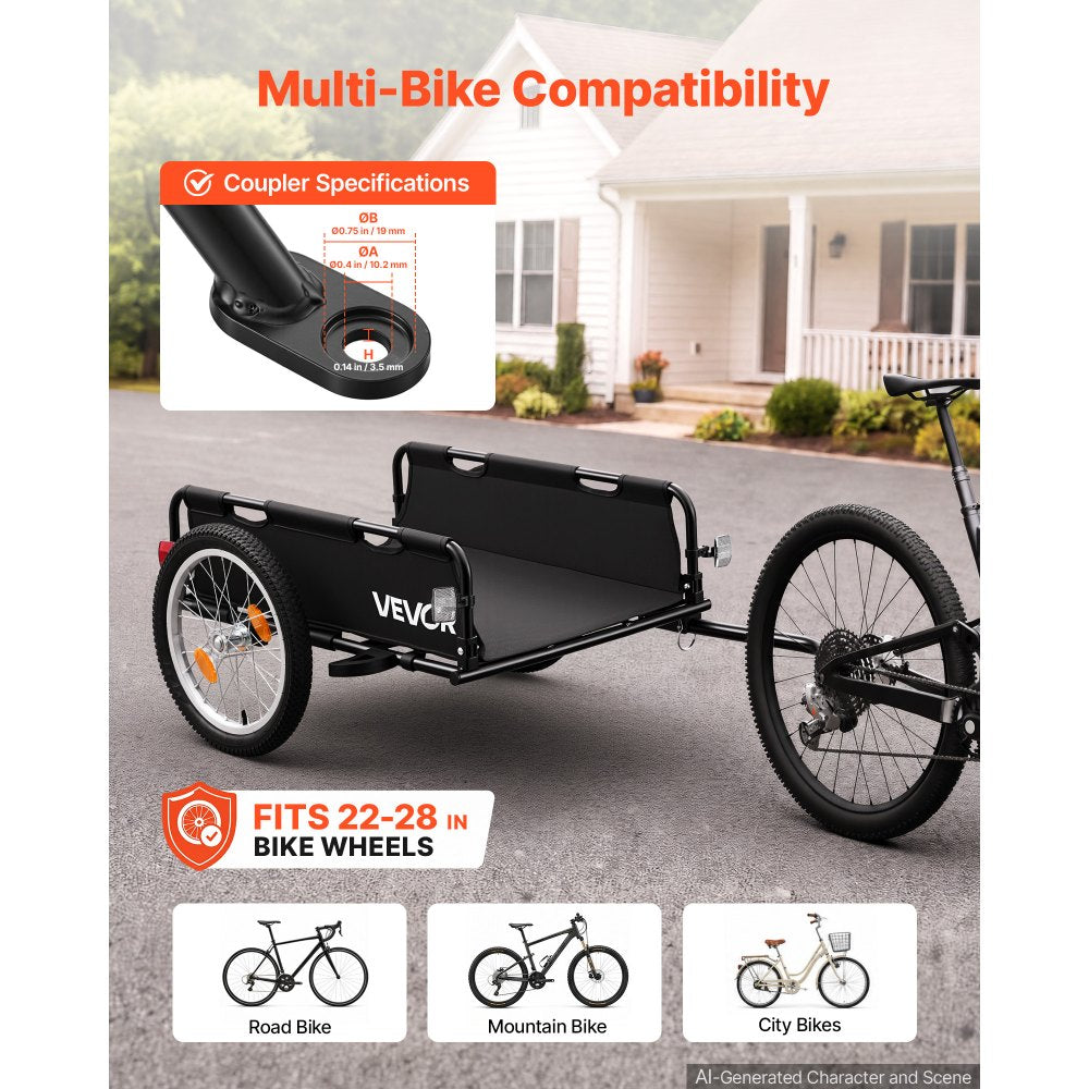 VEVOR Bike Cargo Trailer 100 lbs Load Heavy-Duty Bicycle Wagon Cart Folding, Compact Storage with 16-Inch Wheels, Reflectors, Foldable Carbon Steel Frame, Fits 22-28 in Bike Wheels, for Carrying Cargo