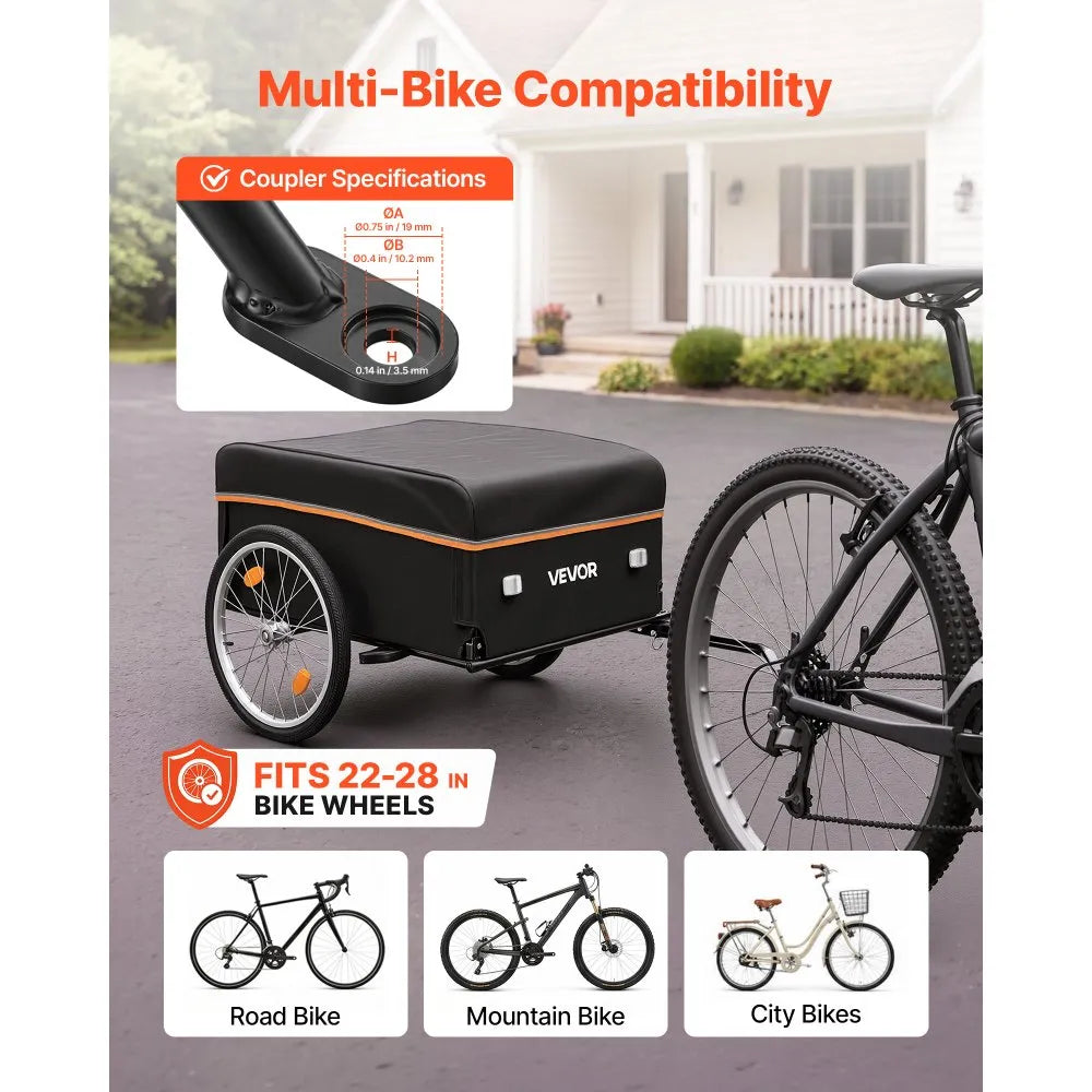 VEVOR Bike Cargo Trailer 130 lbs Load Heavy-Duty Bicycle Wagon Cart Folding, Foldable Compact Storage with Waterproof Cover, 20-Inch Wheels, Reflectors, Carbon Steel Frame, Fits 22-28 in Bike Wheels