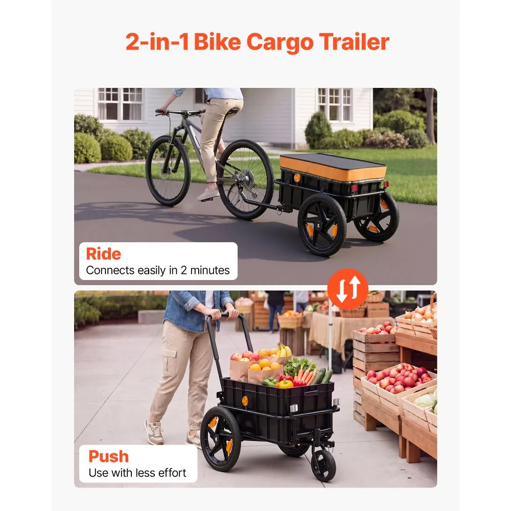 VEVOR Bike Cargo Trailer 100 lbs 2-in-1 Pushcart Heavy-Duty Bicycle Wagon, Cart with Waterproof Cover, 7 in & 16 in Wheels, Reflector, Carbon Steel Frame, Fits 22-28 in Bike Wheels, for Carrying Cargo