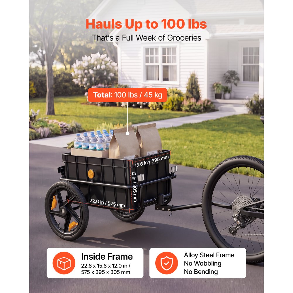 VEVOR Bike Cargo Trailer 100 lbs 2-in-1 Pushcart Heavy-Duty Bicycle Wagon, Cart with Waterproof Cover, 7 in & 16 in Wheels, Reflector, Carbon Steel Frame, Fits 22-28 in Bike Wheels, for Carrying Cargo