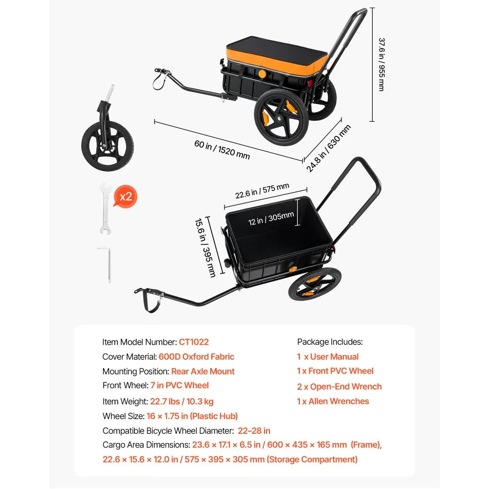 VEVOR Bike Cargo Trailer 100 lbs 2-in-1 Pushcart Heavy-Duty Bicycle Wagon, Cart with Waterproof Cover, 7 in & 16 in Wheels, Reflector, Carbon Steel Frame, Fits 22-28 in Bike Wheels, for Carrying Cargo