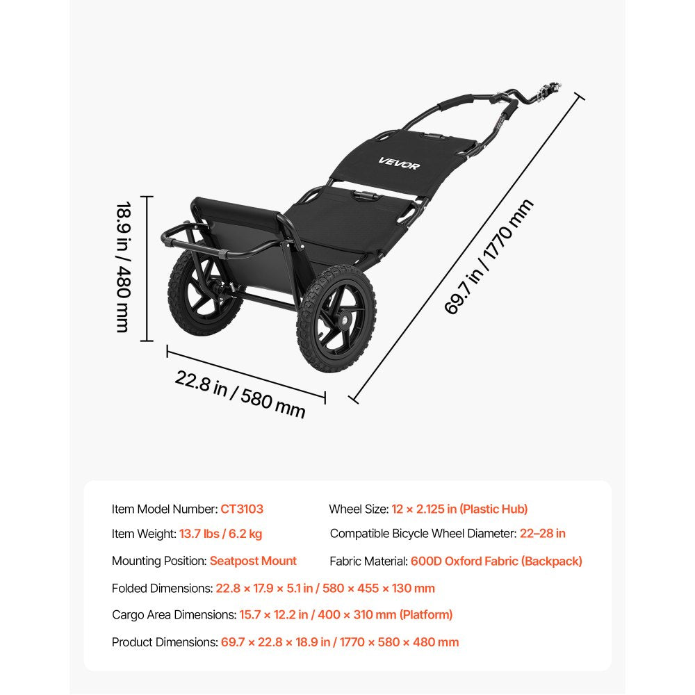 VEVOR Bike Cargo Trailer 60 lbs Load 3-in-1 Bicycle Wagon Cart Folding, Backpack/Trailer/Pushcart Mode with 12-Inch Wheels, Foldable Carbon Steel Frame, Fits 22-28 in Bike Wheels, for Carrying Cargo