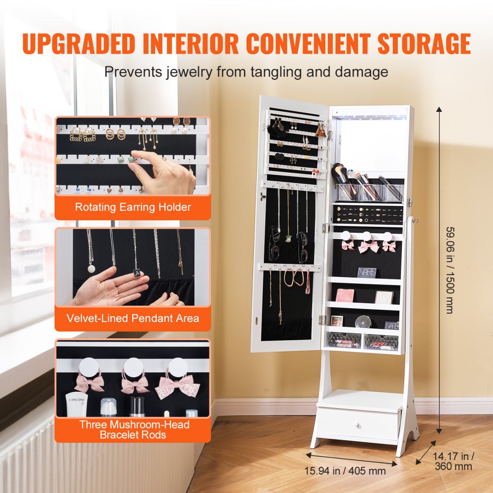 VEVOR Mirror Jewelry Cabinet, Standing Mirror with Storage, Lockable Jewelry Mirror Organizer with Full Length Mirror, Velvet Lining, Interior LED Light, Drawer, Freestanding Jewelry Armoire, White