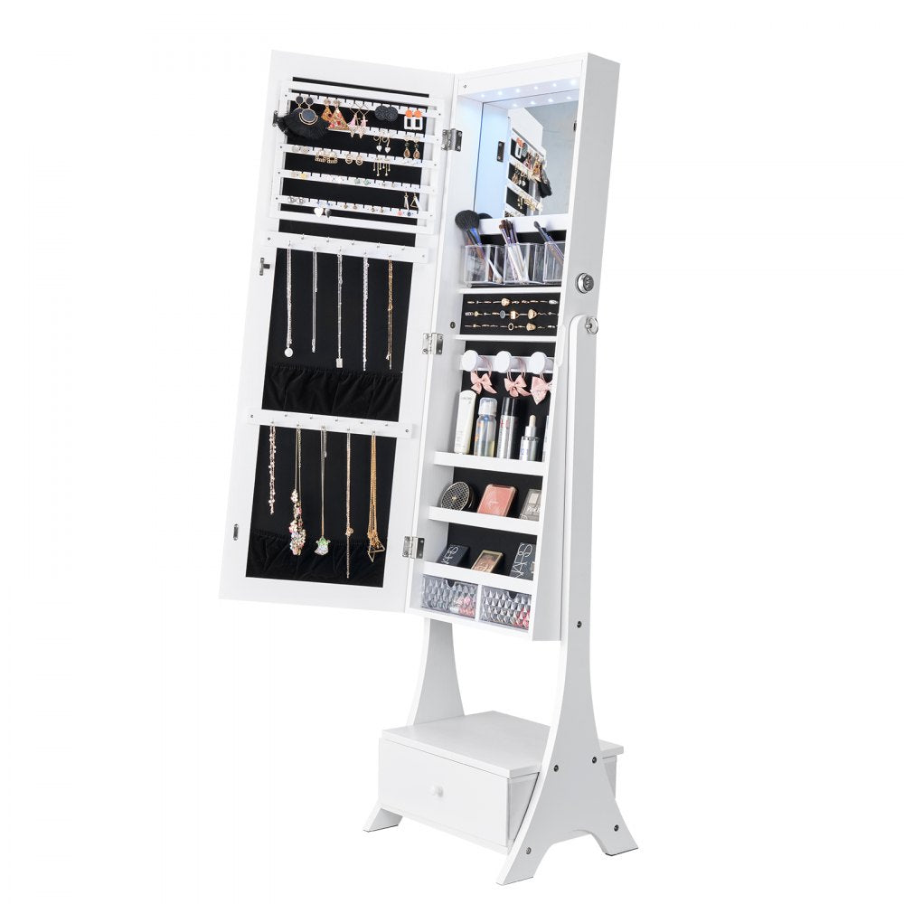VEVOR Mirror Jewelry Cabinet, Standing Mirror with Storage, Lockable Jewelry Mirror Organizer with Full Length Mirror, Velvet Lining, Interior LED Light, Drawer, Freestanding Jewelry Armoire, White