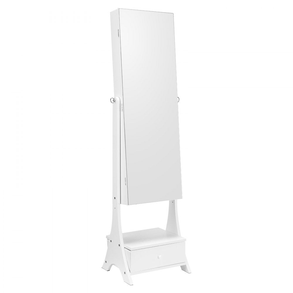 VEVOR Mirror Jewelry Cabinet, Standing Mirror with Storage, Lockable Jewelry Mirror Organizer with Full Length Mirror, Velvet Lining, Interior LED Light, Drawer, Freestanding Jewelry Armoire, White