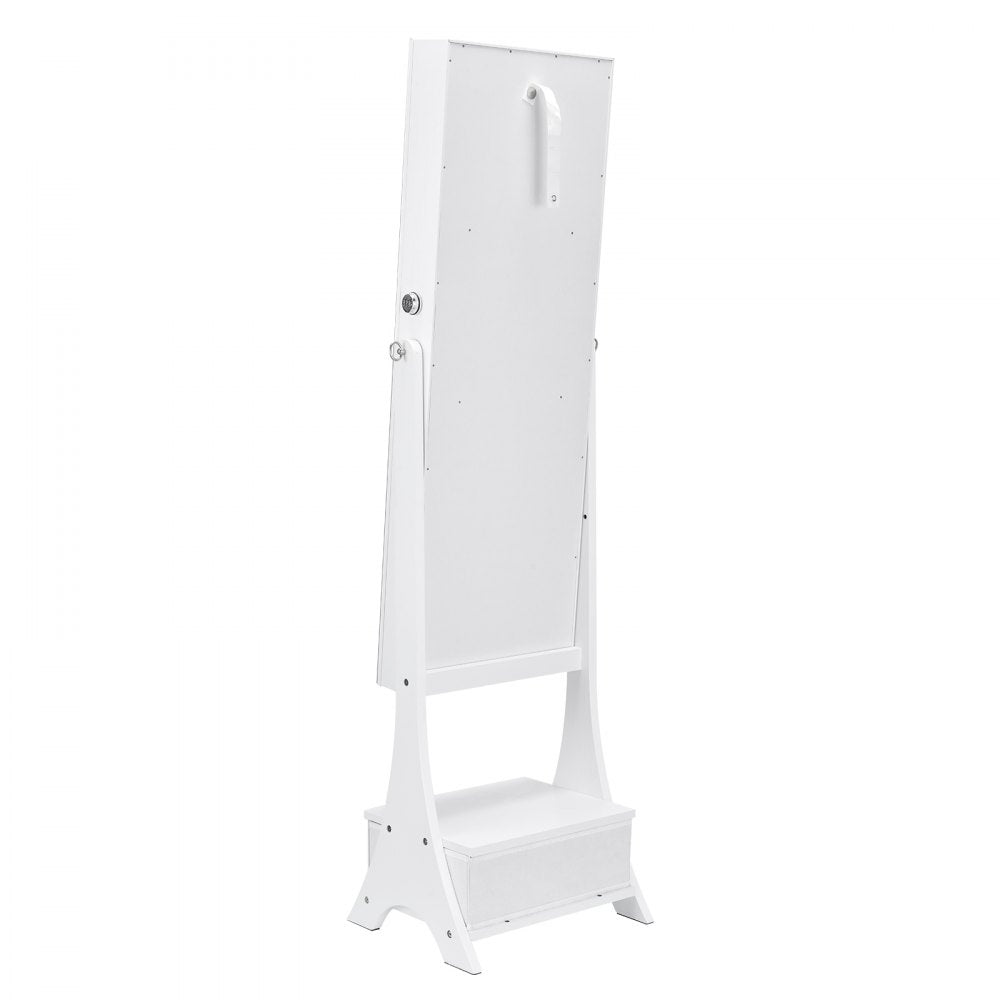 VEVOR Mirror Jewelry Cabinet, Standing Mirror with Storage, Lockable Jewelry Mirror Organizer with Full Length Mirror, Velvet Lining, Interior LED Light, Drawer, Freestanding Jewelry Armoire, White