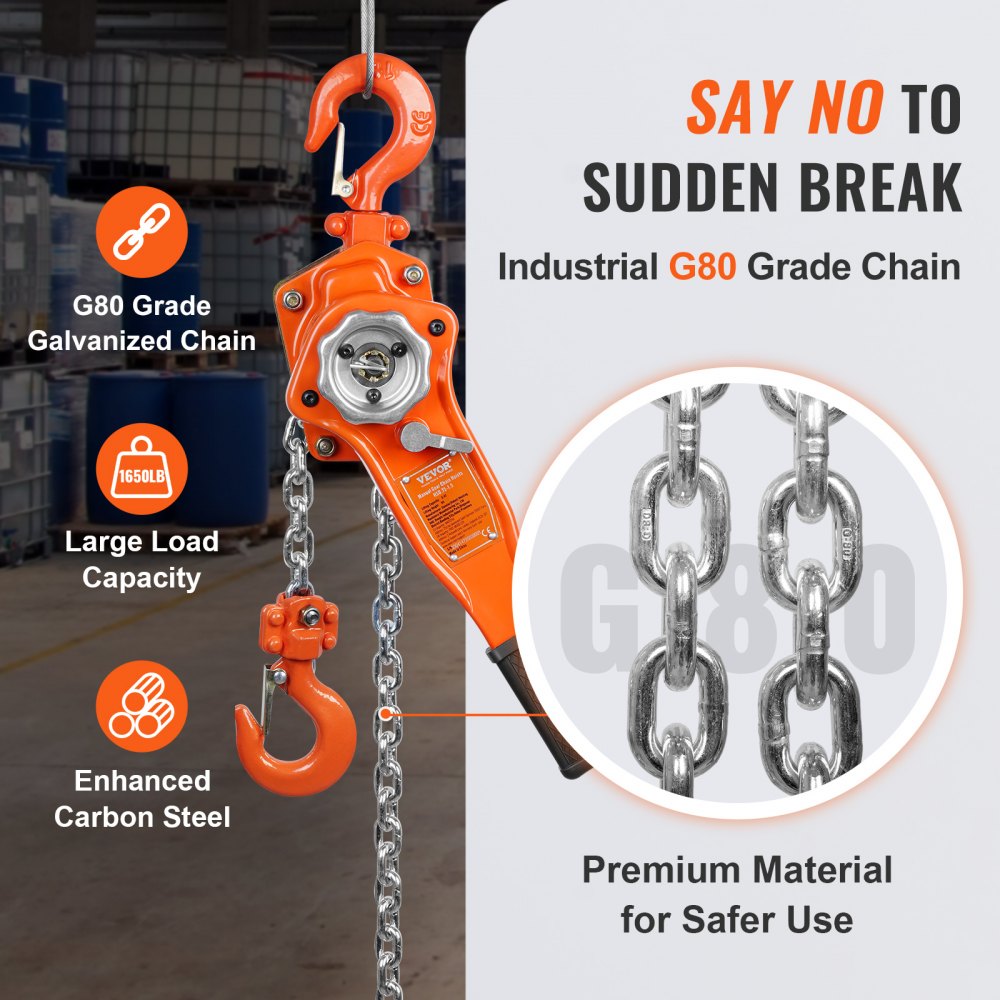 VEVOR Hand-Operated Chain Lift, 1650 lbs Load, 5ft Length, G80 Zinc-Coated Steel, Dual-Pawl Brake System, Automatic Chain Guide & Swivel Hook, Ideal for Workshops, Warehouses, and Loading Docks