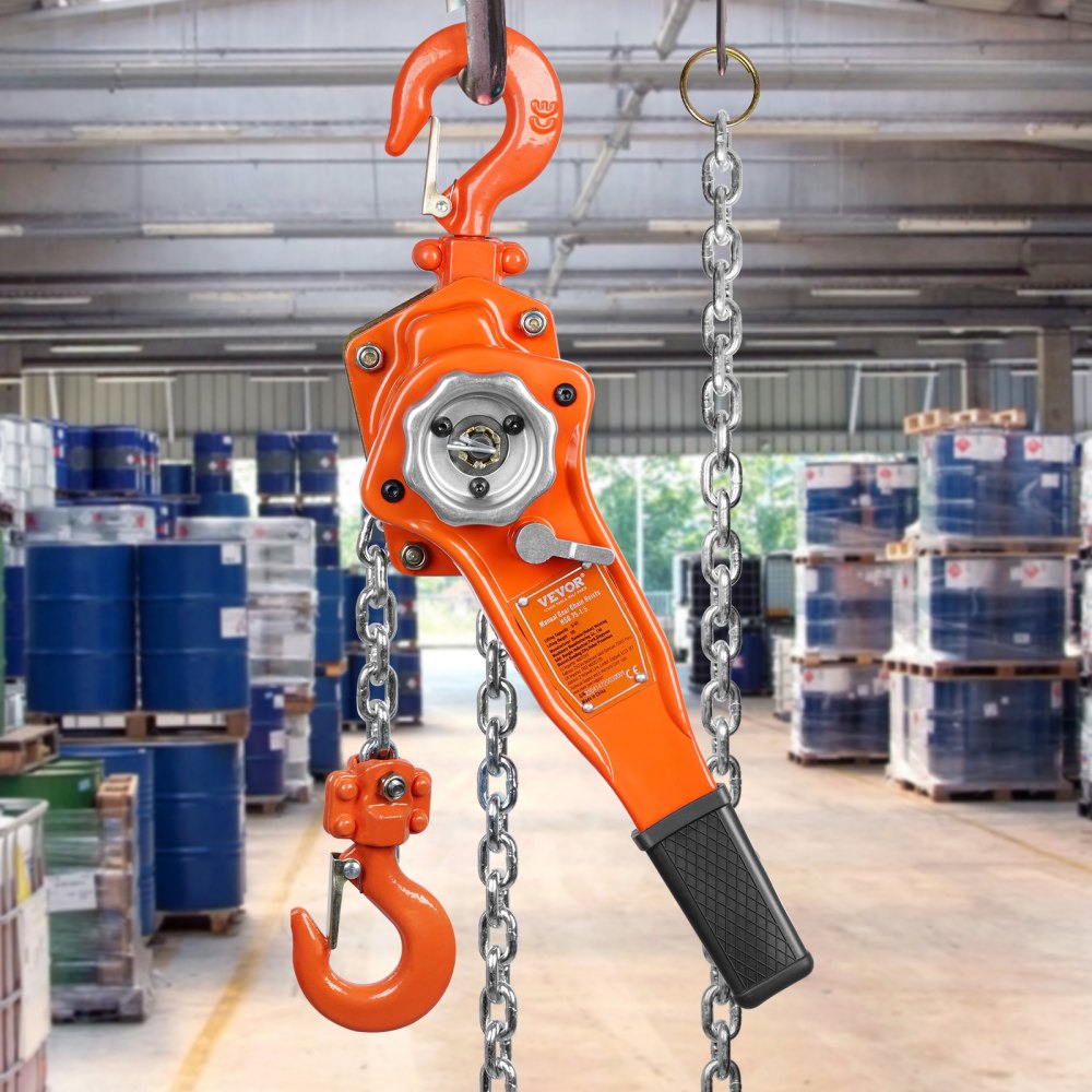 VEVOR Hand-Operated Chain Lift, 1650 lbs Load, 5ft Length, G80 Zinc-Coated Steel, Dual-Pawl Brake System, Automatic Chain Guide & Swivel Hook, Ideal for Workshops, Warehouses, and Loading Docks