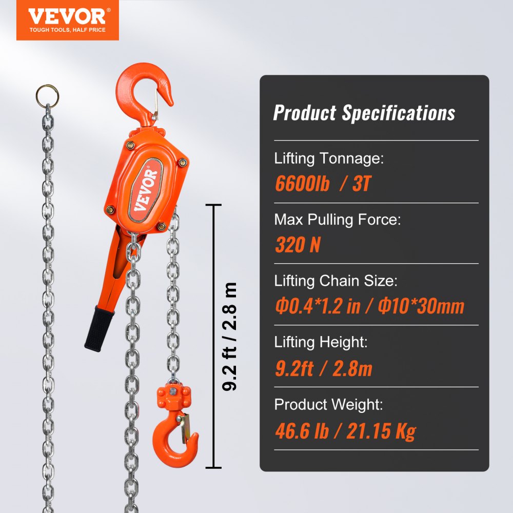 VEVOR Manual Lever Chain Hoist, 3 Ton 6600 lbs Capacity 10 FT Come Along, G80 Galvanized Carbon Steel with Weston Double-Pawl Brake, Auto Chain Leading & 360° Rotation Hook, for Garage Factory Dock