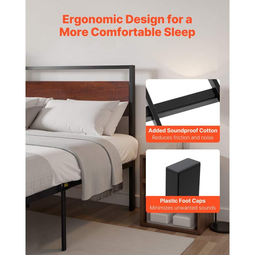 VEVOR King Size Bed Frame, 14 Inch Black Metal Platform Bed Frame with Retro Brown Wooden Headboard and Footboard, Large Under-Bed Storage, Non-Slip Without Noise, No Box Spring Needed, Easy Assembly