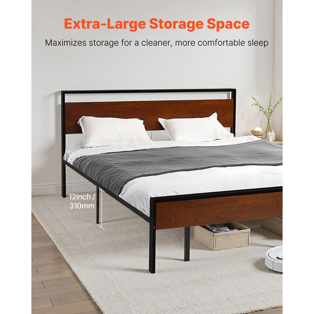 VEVOR King Size Bed Frame, 14 Inch Black Metal Platform Bed Frame with Retro Brown Wooden Headboard and Footboard, Large Under-Bed Storage, Non-Slip Without Noise, No Box Spring Needed, Easy Assembly