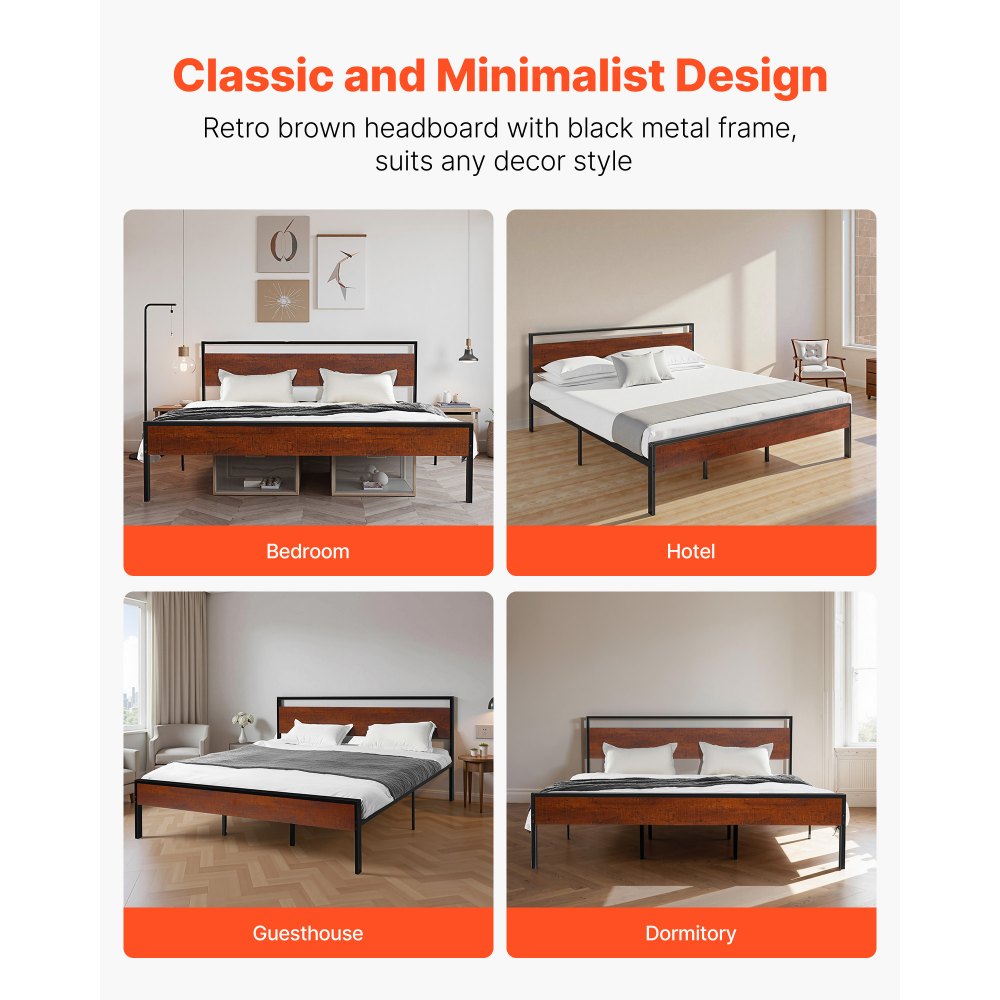 VEVOR King Size Bed Frame, 14 Inch Black Metal Platform Bed Frame with Retro Brown Wooden Headboard and Footboard, Large Under-Bed Storage, Non-Slip Without Noise, No Box Spring Needed, Easy Assembly