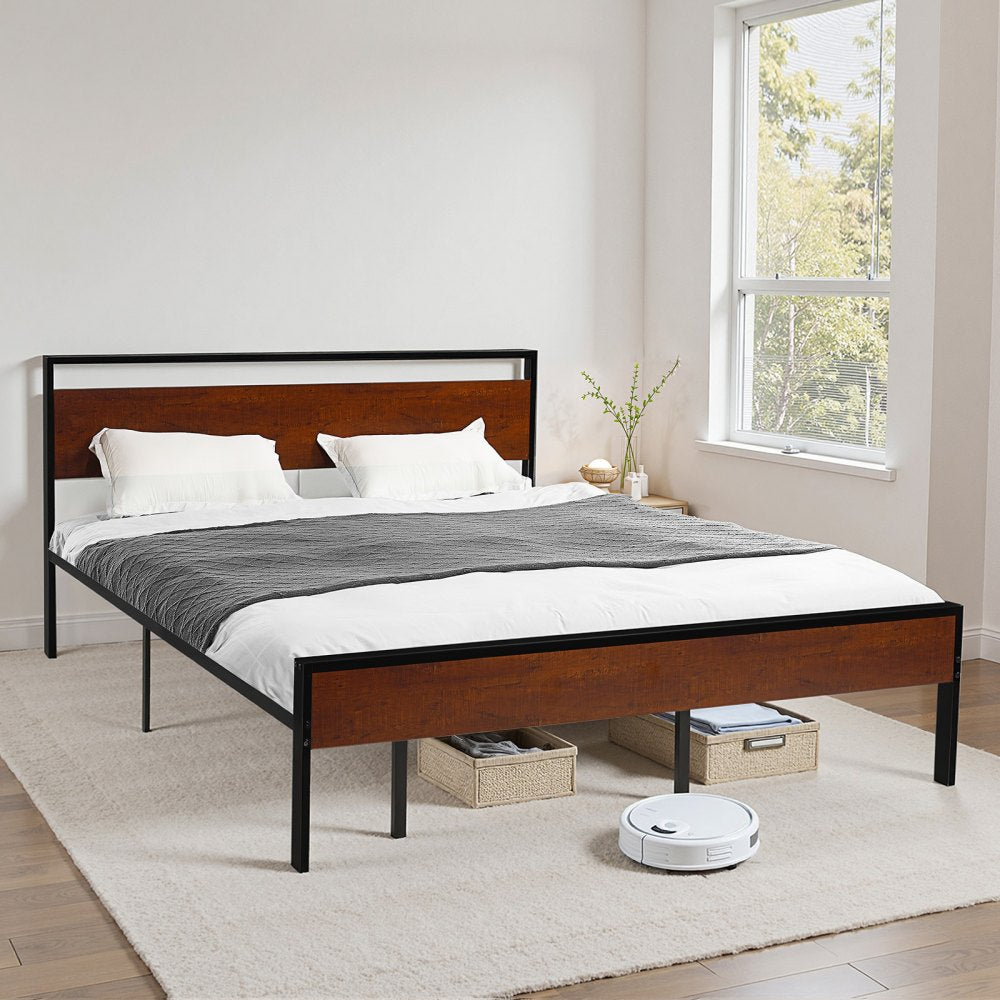 VEVOR King Size Bed Frame, 14 Inch Black Metal Platform Bed Frame with Retro Brown Wooden Headboard and Footboard, Large Under-Bed Storage, Non-Slip Without Noise, No Box Spring Needed, Easy Assembly