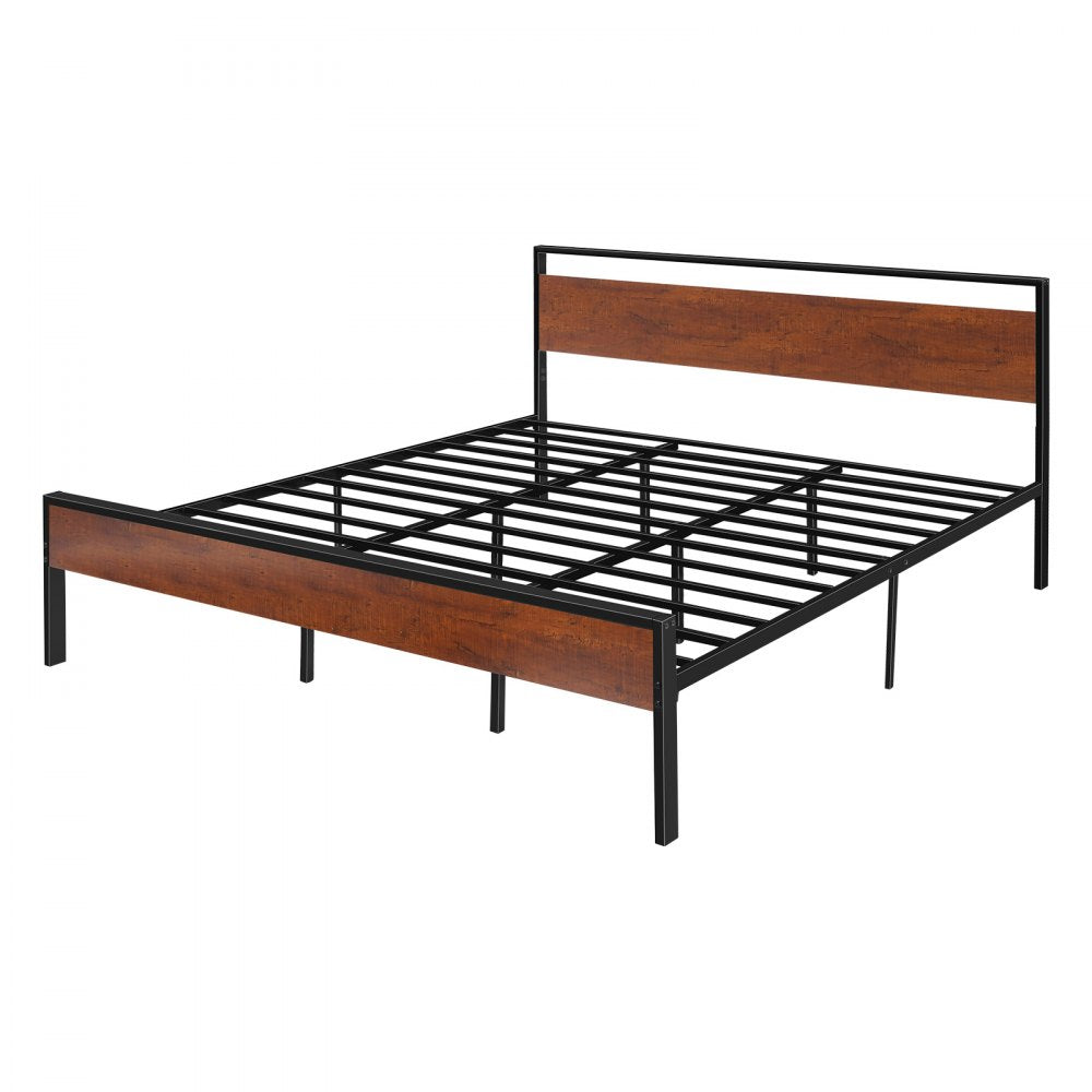 VEVOR King Size Bed Frame, 14 Inch Black Metal Platform Bed Frame with Retro Brown Wooden Headboard and Footboard, Large Under-Bed Storage, Non-Slip Without Noise, No Box Spring Needed, Easy Assembly