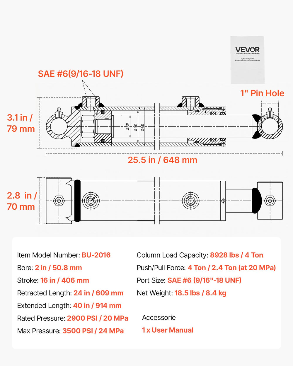 VEVOR Double Acting Hydraulic Cylinder, 2" Bore x 16" Stroke, Max 3500PSI Hydraulic Cylinder, Heavy-Duty Welded Cross Tube Cylinders with 1" Pin Hole & SAE #6 Port for Agricultural Machinery, Tractors
