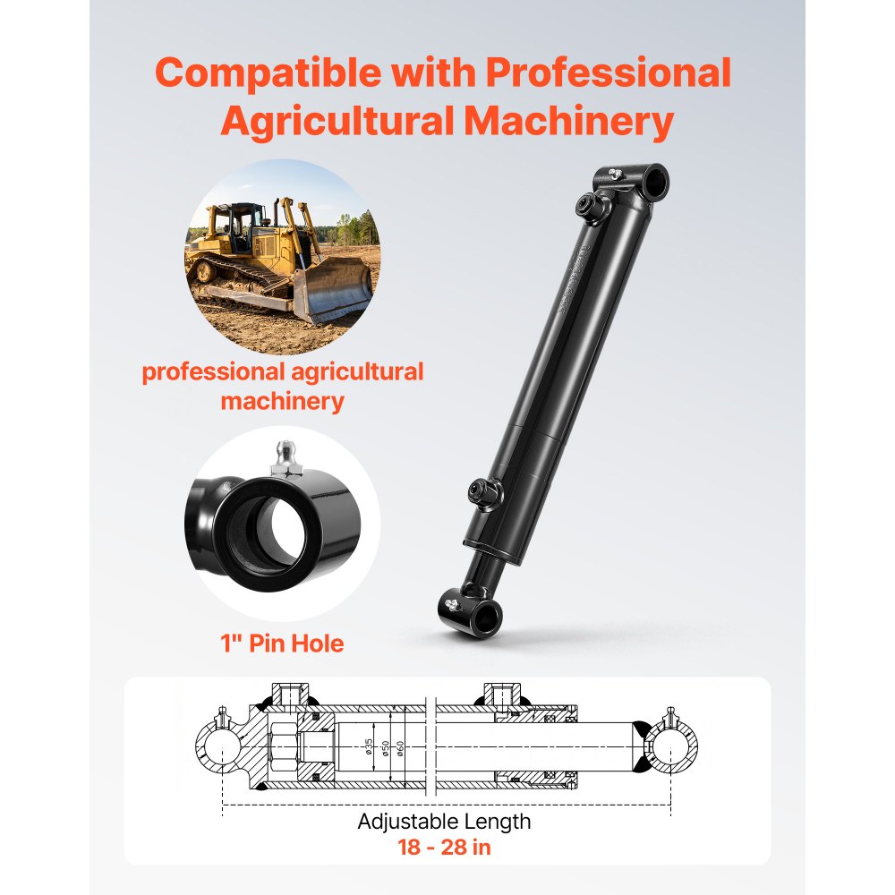 VEVOR Double Acting Hydraulic Cylinder, 2" Bore x 10" Stroke, Max 3500PSI Hydraulic Cylinder, Heavy-Duty Welded Cross Tube Cylinders with 1" Pin Hole & SAE #6 Port for Agricultural Machinery, Tractors