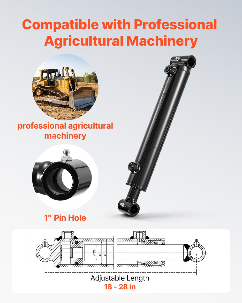 VEVOR Double Acting Hydraulic Cylinder, 2" Bore x 10" Stroke, Max 3500PSI Hydraulic Cylinder, Heavy-Duty Welded Cross Tube Cylinders with 1" Pin Hole & SAE #6 Port for Agricultural Machinery, Tractors