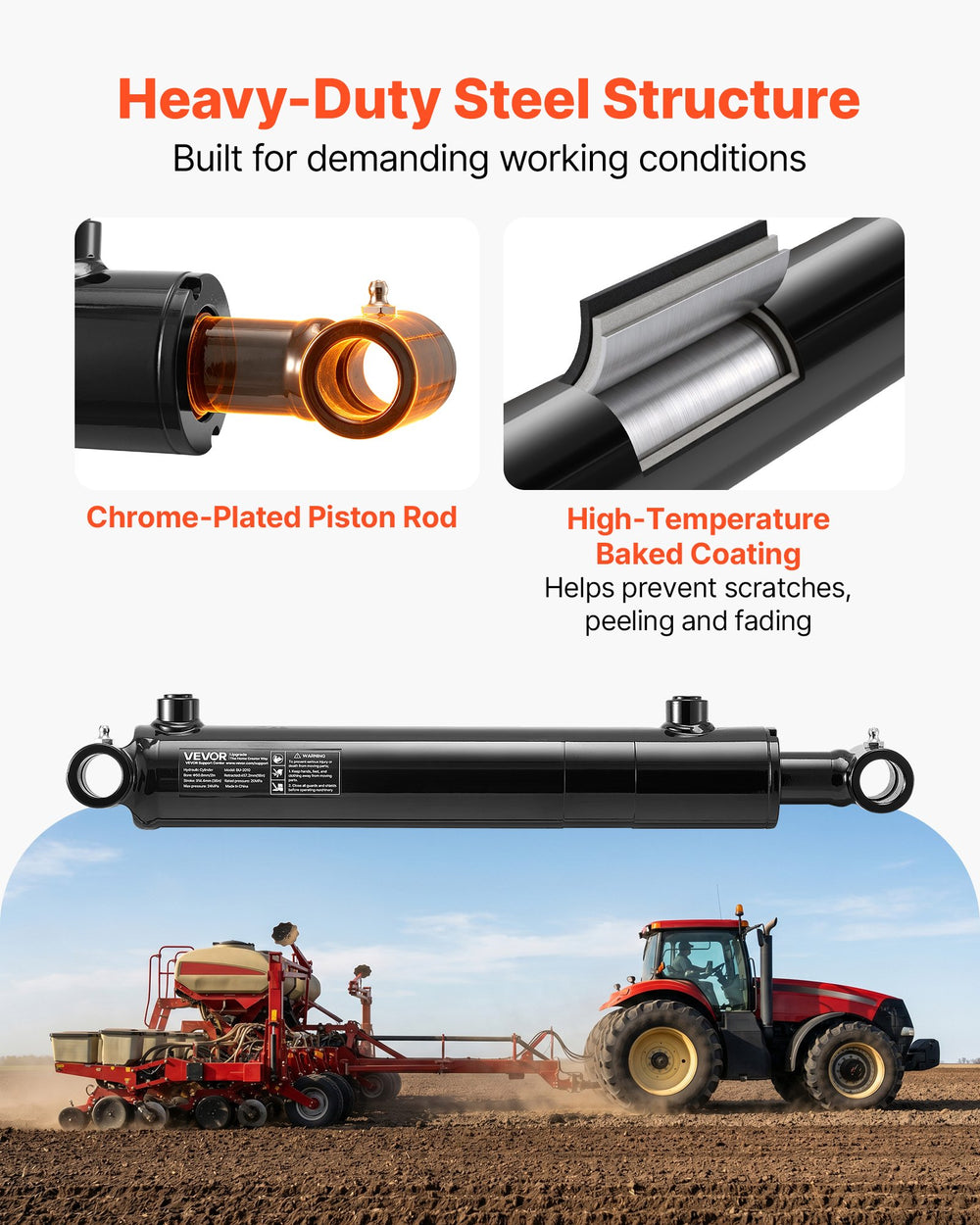 VEVOR Double Acting Hydraulic Cylinder, 2" Bore x 10" Stroke, Max 3500PSI Hydraulic Cylinder, Heavy-Duty Welded Cross Tube Cylinders with 1" Pin Hole & SAE #6 Port for Agricultural Machinery, Tractors