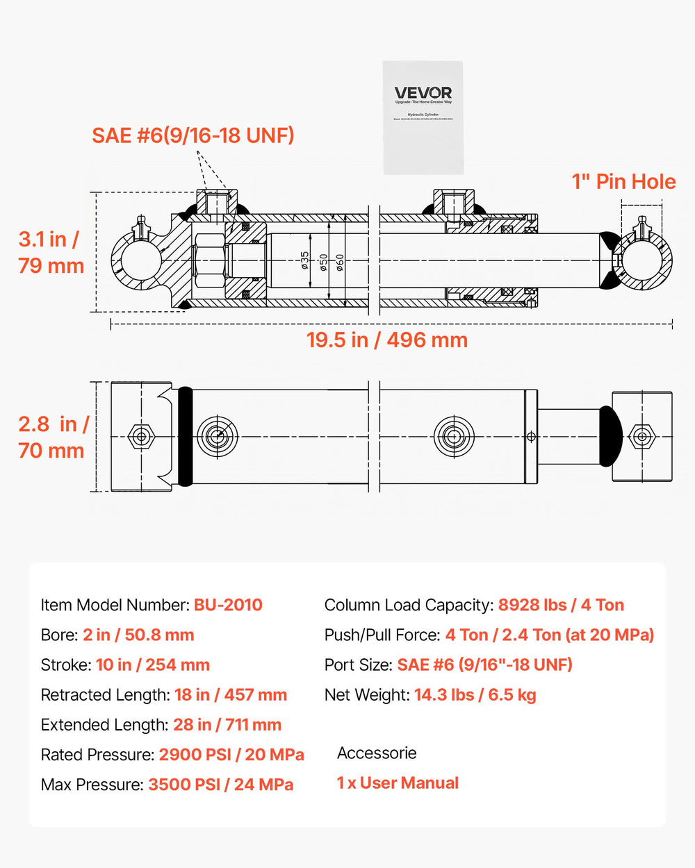 VEVOR Double Acting Hydraulic Cylinder, 2" Bore x 10" Stroke, Max 3500PSI Hydraulic Cylinder, Heavy-Duty Welded Cross Tube Cylinders with 1" Pin Hole & SAE #6 Port for Agricultural Machinery, Tractors